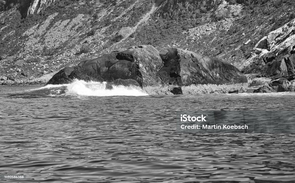 norway on the fjord, spray on rocks. Water splashes on the stones. Coastal landscape norway on the fjord, spray on rocks. Water splashes on the stones. Coastal landscape in Scandinavia. Landscape photo from the north Atlantic Ocean Stock Photo