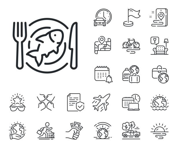 Seafood line icon. Fish dish sign. Plane jet, travel map and baggage claim. Vector Fish dish sign. Plane jet, travel map and baggage claim outline icons. Seafood line icon. Plate with fork and knife symbol. Seafood line sign. Car rental, taxi transport icon. Place location. Vector airport sunrise stock illustrations
