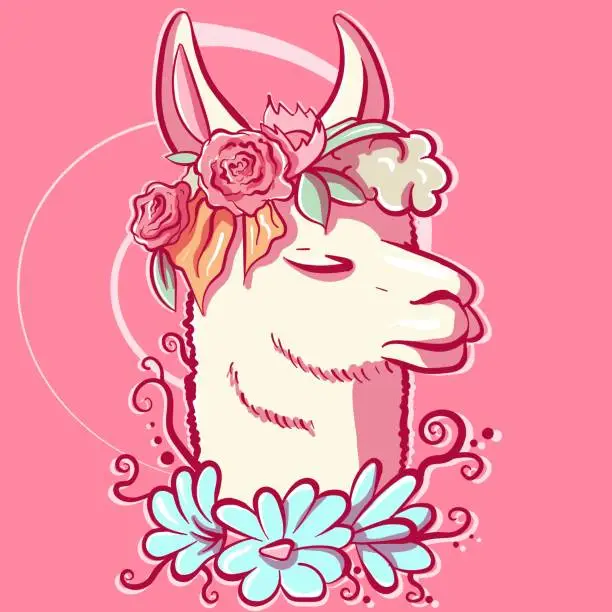 Vector illustration of Pastel illustration of a pink llama with flower decorations around her head. Vector art and digital drawing of an alpaca with a rose bouquet.