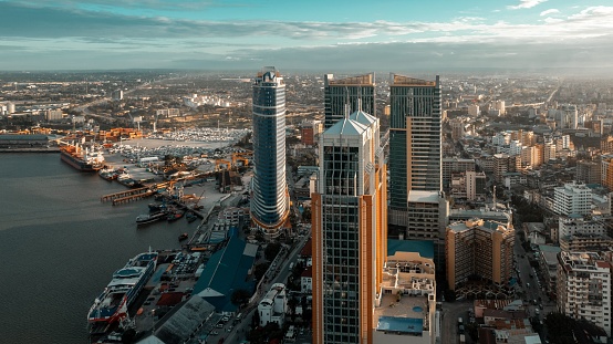 Aerial view of Dar es Salaam, Tanzania, showing a vibrant cityscape with tall buildings