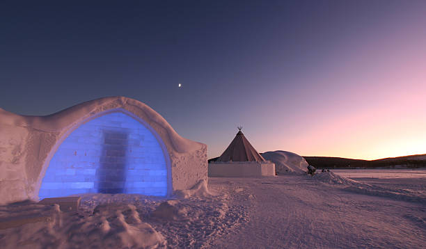 Icehotel Entrance Entrance to Icehotel with Arctic Sunset norrbotten province stock pictures, royalty-free photos & images