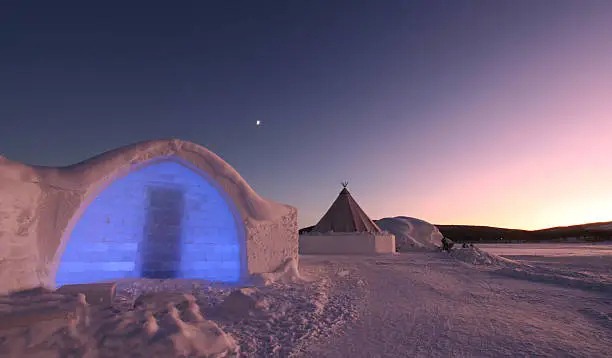 Entrance to Icehotel with Arctic Sunset