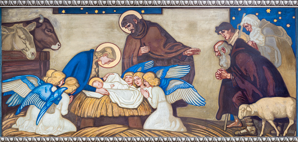 nativity scene with christmas tree background
