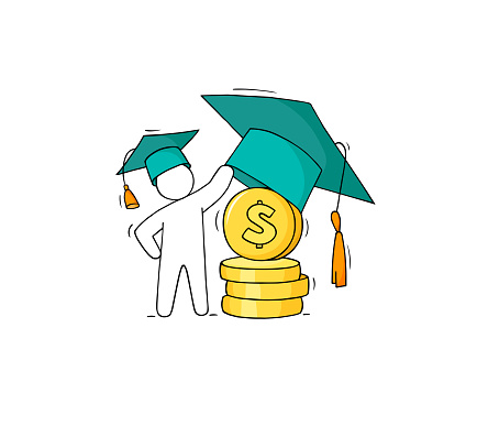 Student invest money in education. Concept of tuition cost, scholarship, school grant. Vector hand drawn illustration with character, gold coins, big graduation cap