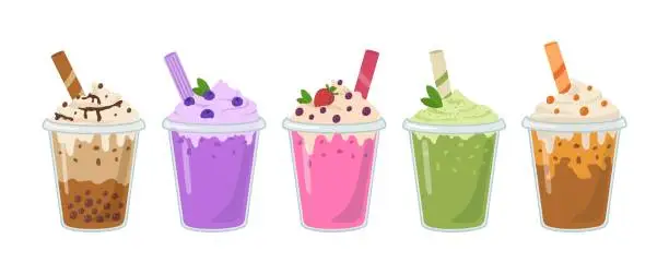Vector illustration of Tasty colorful ice cream vector illustration. Ice-cream with berry, chocolate, caramel, matcha isolated on white background