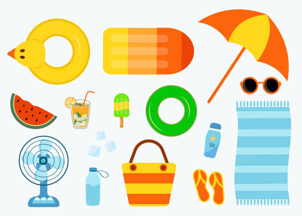 A set of summer things for a beach holiday, sunscreen, life buoy. Vector illustration in flat style vector illustration of Realistic summer holidays seaside beach icons set isolated banana seat stock illustrations