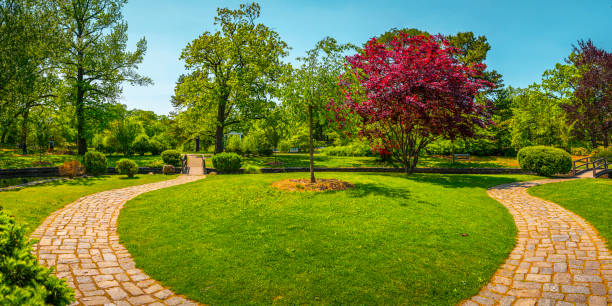 istock Japanese Garden at Roger Williams Park, Providence, Rhode Island, circular footpath, red maple and green willow trees on the hill 1490597385