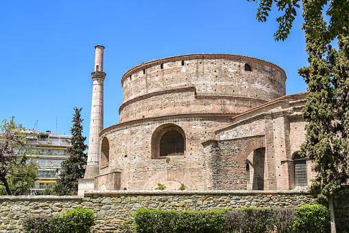 Rotunda mausoleum of Galerius in the city center of Thessaloniki, Greece, landmark and historic monument built in 4th century, now museum and Orthodox Church of Agios Georgios, blue sky, copy space