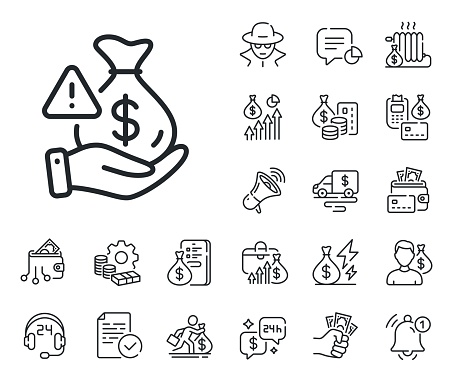 Money fraud crime sign. Cash money, loan and mortgage outline icons. Bribe line icon. Cash scam symbol. Bribe line sign. Credit card, crypto wallet icon. Inflation, job salary. Vector
