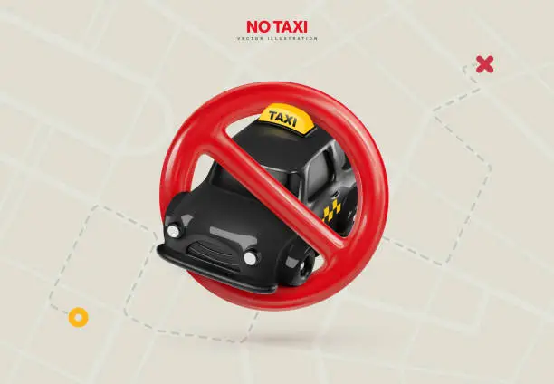 Vector illustration of Prohibited a taxi. Refused a taxi service vector illustration. The lack of cabs. Deficit taxi drivers and cabbies. Black cab with red forbidden sign on abstract city map background.