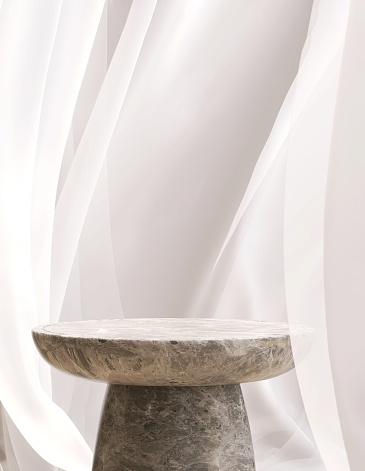Empty minimal round gray marble podium side table in soft white blowing sheer cloth curtain drapery in sunlight for Chinese, Japanese, Asian luxury organic cosmetic, skincare, beauty treatment product display background 3D