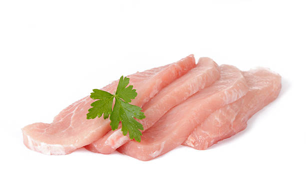schweinefleisch fleisch - schnitzel cutlet meat isolated on white stock-fotos und bilder