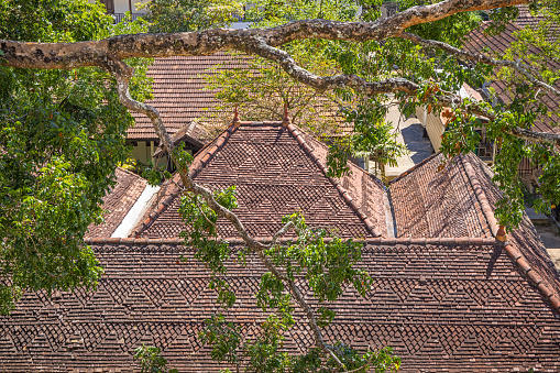 Temple roof with red tiles laid out in patterns in the center of Kandy which is a famous city in the center of Sri Lanka