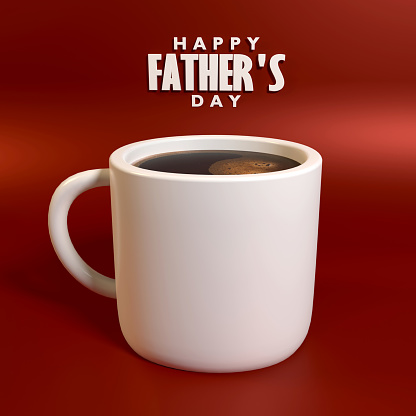 Elegant minimal Happy Fathers Day greeting card and flyer design with a full coffee cup against red background. Easy to crop for all your social media and print sizes.
