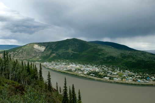 View of Dawson city on Yukon river from above