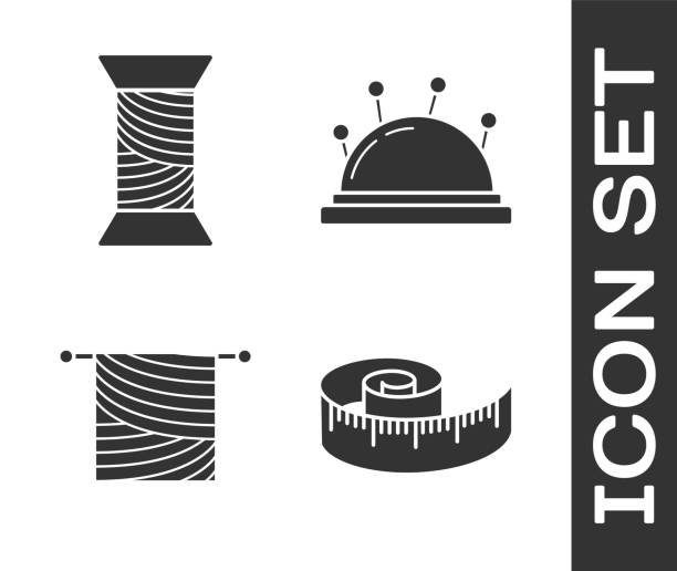 줄자, 스풀에 실을 꿰매고, 뜨개질과 바늘 침대와 바늘 아이콘을 설정합니다. 벡터 - sewing needlecraft product needle backgrounds stock illustrations