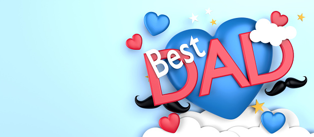 Happy Father's Day greeting card, banner, poster or flyer design with flying origami hearts over clouds with paper mustache and hearts. Paper art, digital craft style. Easy to crop for all your social media and print sizes.