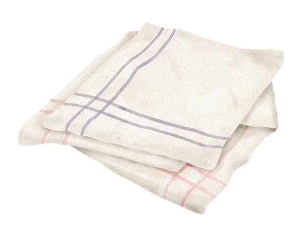 istock Watercolor kitchen towel illustration. Hand drawn white striped textile napkin isolated on white background. Folded dish towel sketch for culinary blog, cookbook, recipes. 1490601882