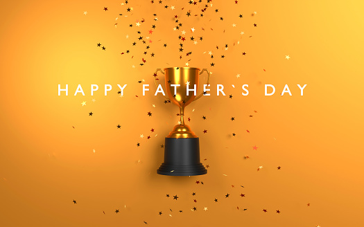 Happy Father's Day written below the cup while confetti falling on gold cup against yellow background. Directly above composition with copy space. Father's Day concept. Easy to crop for all your social media and print sizes.