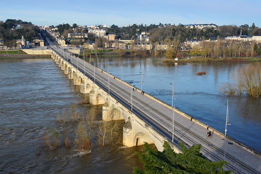 Tours, Indre-et-Loire department, Centre-Val de Loire, France: Wilson Bridge over the Loire River, seen from above.  Built between 1765 and 1778, ot is the oldest bridge in Tours, composed of 15 arches, it is 434 meters long.