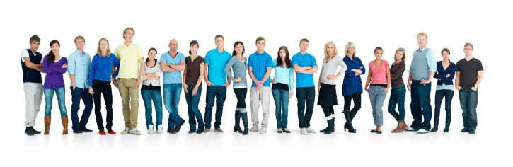 Young boys and girls standing together in a line over white background