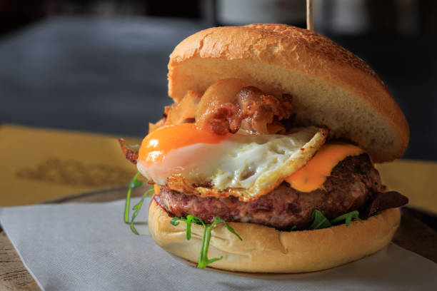 Egg and bacon hamburger gourmet food