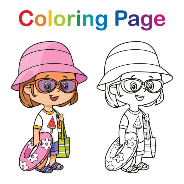 ilustraciones, imágenes clip art, dibujos animados e iconos de stock de niña en la playa - swimwear child inner tube little girls