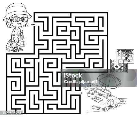 istock Maze game for children. Cute Girl on the beach 1490608923