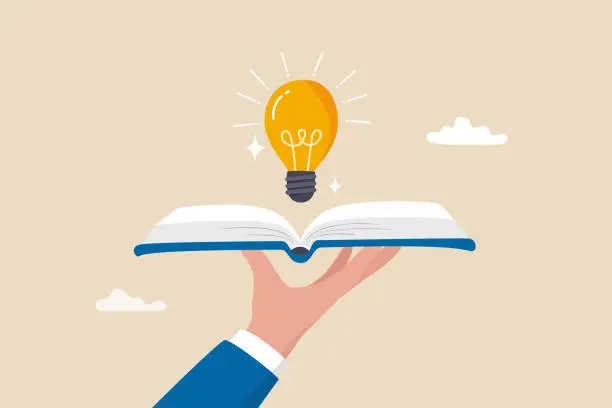 Vector illustration of Knowledge or education, study or learning new skill, creativity or idea, reading book for inspiration, discover solution or literature, wisdom concept, hand hold open book to discover lightbulb idea.