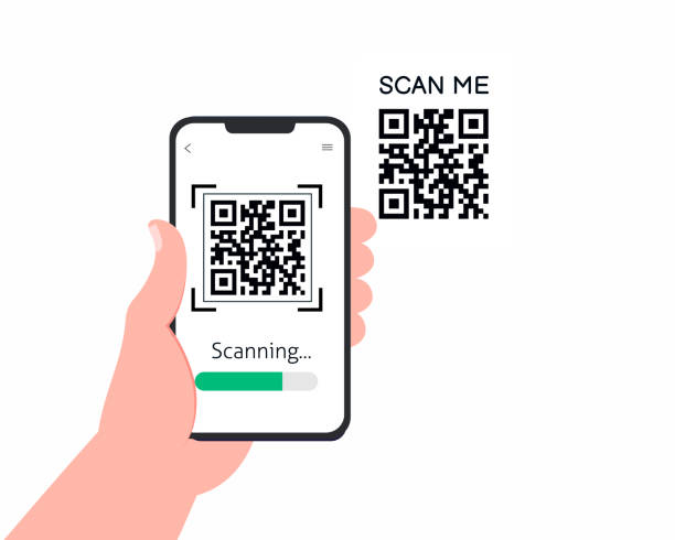 online scan hand with phone scanning qr code for online payment Barcode scanner technology. Flat vector design. qr barcode generator stock illustrations