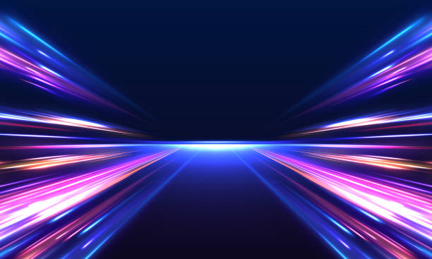 Abstract image of speed motion on the road. Explosion in universe. Cosmic background for event, party, carnival, celebration, anniversary or other. Abstract background in blue and purple neon glow colors. Speed of light in galaxy. Vector. light commercial vehicle stock illustrations