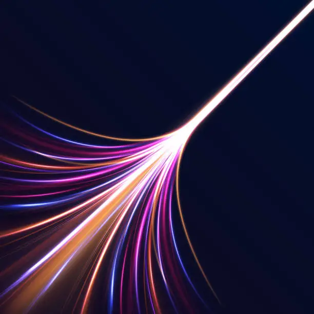 Vector illustration of Dark blue abstract background with ultraviolet neon glow, blurry light lines, waves
