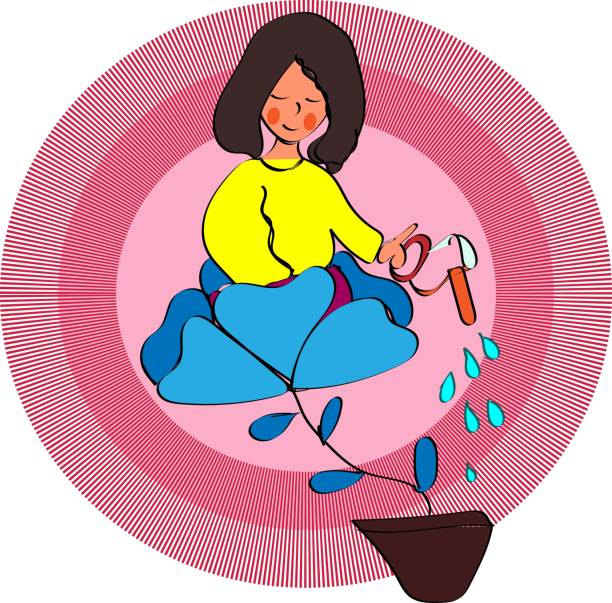 istock Personal growth concept. Tiny woman in flower watering herself. Metaphor growth personality as plant. Self-improvement and self development. Modern flat cartoon style. Vector illustration 1490612521