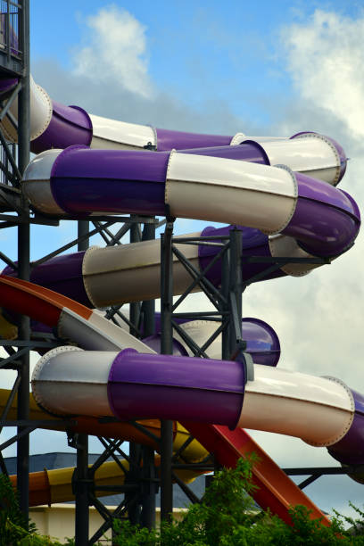 Afetna, Saipan, Northern Mariana Islands: white and blue spiral water slides along Beach Road.