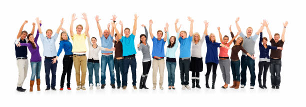 istock Boys and girls with hands raised over white background 149061323