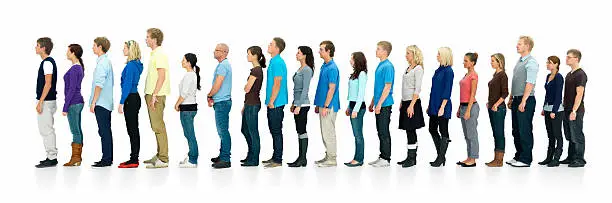 Young boys and girls standing in a line over white background