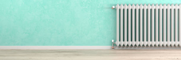 istock Panoramic of a radiator on a wall 3d render 1490614405