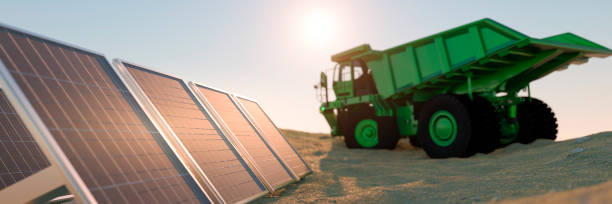 Green mining truck next to solar panels 3d render