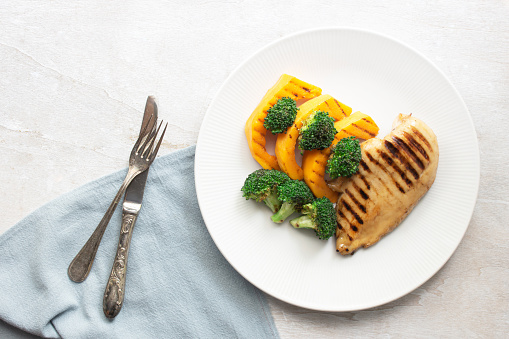 Grilled chicken has broccoli pumpkin vegetable in plate on white wood background, top view, healthy food concept.