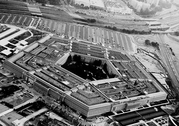 A black and white photograph of The Pentagon from the air While leaving Washington D.C, I was able to take this shot from an airplane. I had just a split second, to pull th camera, and take this photo. arlington virginia photos stock pictures, royalty-free photos & images
