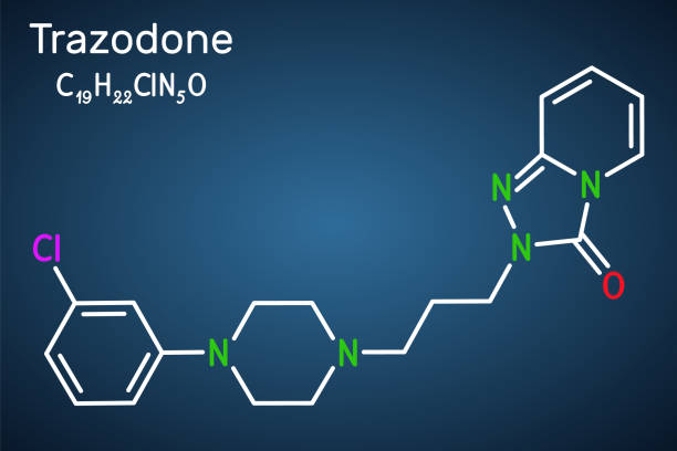 illustrazioni stock, clip art, cartoni animati e icone di tendenza di molecola di trazodone. è antidepressivo, usato per trattare il disturbo depressivo maggiore. formula chimica strutturale sullo sfondo blu scuro - h major