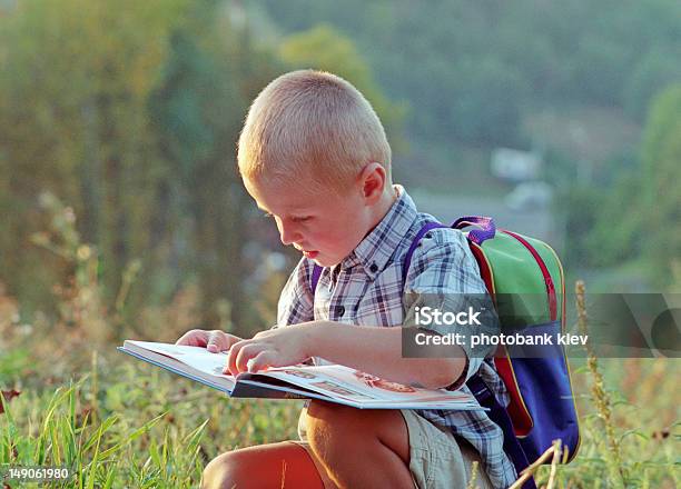 Mały Chłopiec Czyta Książkę Na Trawie - zdjęcia stockowe i więcej obrazów Chłopcy - Chłopcy, Czynność, Czytać