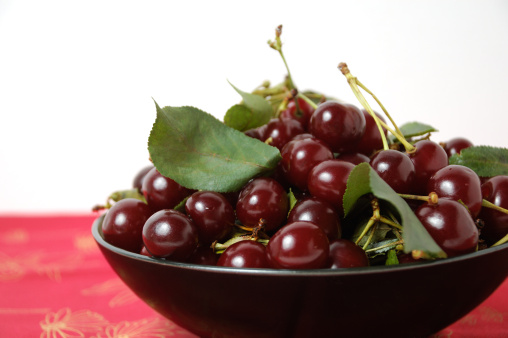 Bowl of freshly picked ripe and juicy cherries of the tart Balaton variety with leaves.