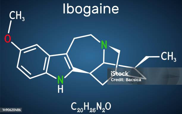 イボガイン分子それはモノテルペノイドインドールアルカロイド精神活性物質幻覚剤サイケデリックです濃い青の背景に構造化学式 アイコンのベクター