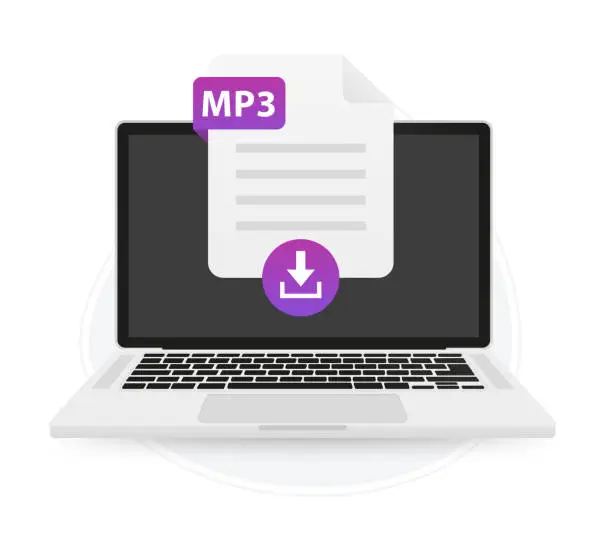 Vector illustration of Download the laptop screen label icon MP3. Document upload concept. View, read, download MP3 file on laptops and mobile devices. Banner for business, marketing and advertising. Vector illustration