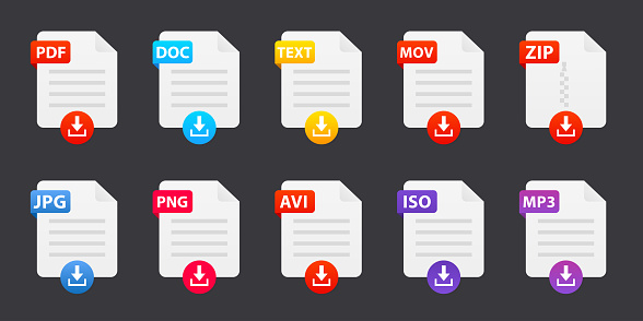 File type icons. Format and extension of documents. Set of pdf, doc, excel, png, jpg, psd, gif, csv, xls, ppt, html, txt and others. Icons for download on computer. Vector illustration