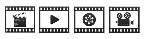 Vector illustration of Film strip with a camera. Set of vector film strip. Play button. Vector illustration