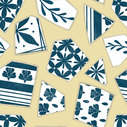 Cracked china seamless pattern. Beautiful ornamental print with fragments of dishes. Old piece of ceramics on yellow background