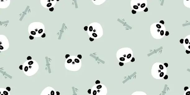 Vector illustration of Cute panda face and bamboo leaf doodle cartoon pattern