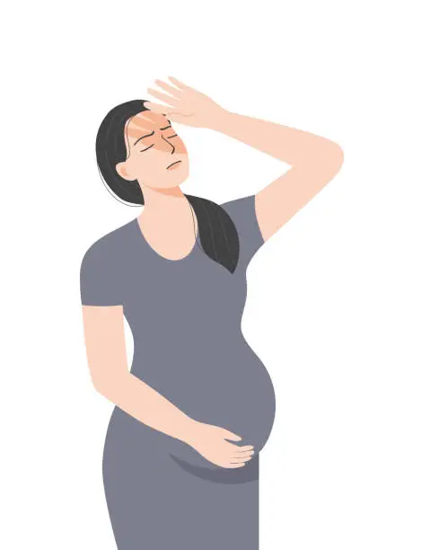 Vector illustration of Isolated of a pregnancy woman holding her belly and feeling worry, flat vector illustration.